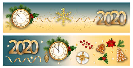 New Year and Christmas banners. Decorations elements holly berries, clock, poinsettia, snowflakes, cookies, gift box and Christmas tree decorations. Xmas background, border. Vector illustration.のイラスト素材