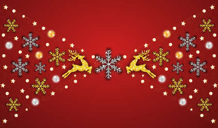 Christmas pattern gold deer, silver and golden snowflakes. Happy New Year red background. Xmas decoration. Template for greeting card, banner or poster. Vector illustration.の写真素材