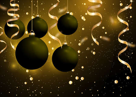 Christmas and New Year decoration with black baubles balls and golden ribbons on dark black background. Glowing hanging Christmas ornament. Winter holiday decoration. Vector illustration.のイラスト素材