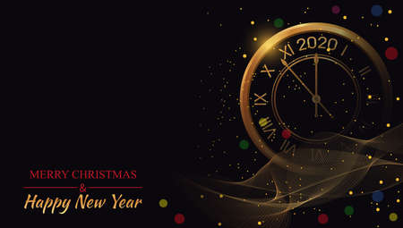 Happy New Year 2020 on black backgrounds glow with golden clock. Beautiful Christmas template. Winter celebration poster. Bright Xmas banner. Vector illustration.のイラスト素材