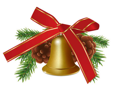 Golden bell with fir branches, cones and red bow ribbon isolated on white background. Christmas or New Year elements for design. Vector illustration.のイラスト素材