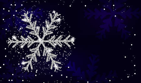 Christmas and New Year navy blue background with silver snowflake. Xmas decoration. Template for greeting card, banner or poster. Vector illustration.のイラスト素材