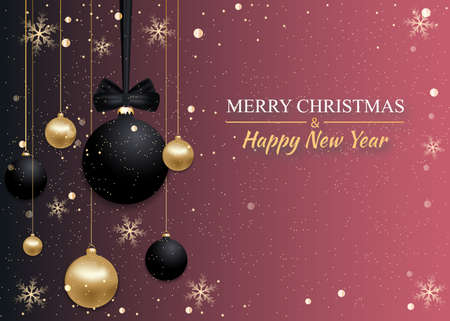 Christmas background pink elegant decorated golden and black Christmas baubles, balls with bow, snowflakes. New Year and Xmas design for greeting card, poster or banner. Vector illustration.のイラスト素材