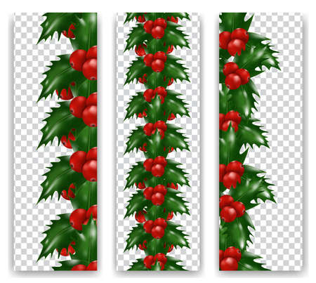 Set Christmas Holly berries vertical border on transparent background. Xmas or New Year decorations. Vector illustration.の写真素材