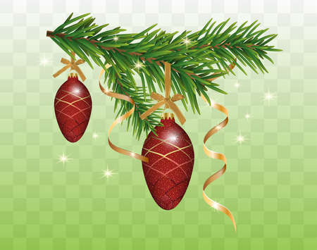 Christmas decoration with fir branches, red baubles cones and golden ribbons isolated on transparent background. New year elements for design. Vector illustration.のイラスト素材