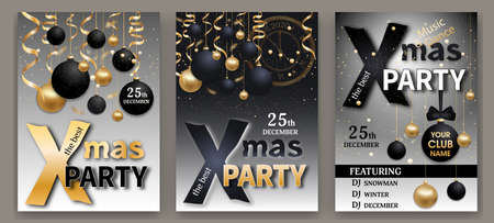 Christmas Party invitations templates. Set Xmas and New Year elegant backgrounds black and gray color decorated black and gold Christmas balls. Vector illustration.のイラスト素材
