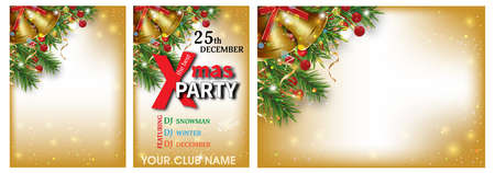 Christmas and New Year backgrounds set decorated Christmas tree branches, golden bells and holly berries. Xmas party invitations templates. Vector illustration.のイラスト素材