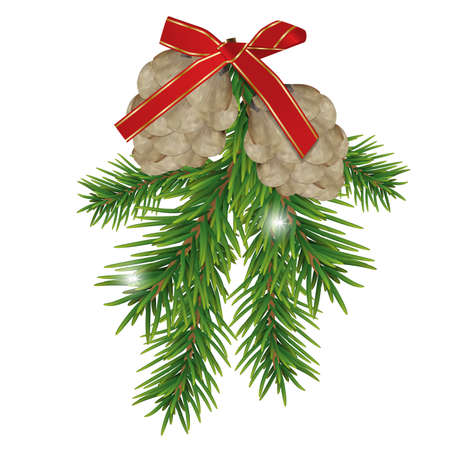 Fir branches and pine cones with red ribbon isolated on white background. Christmas and New year decoration. Vector illustration.のイラスト素材