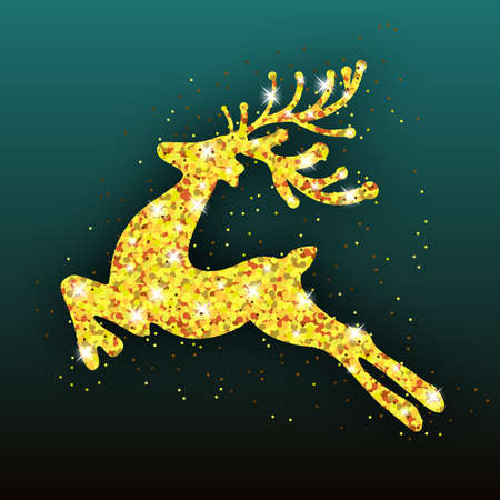 Golden deer Christmas decoration. Bright design element for Xmas and New year. Template for greeting card, banner or poster. Vector illustration.のイラスト素材