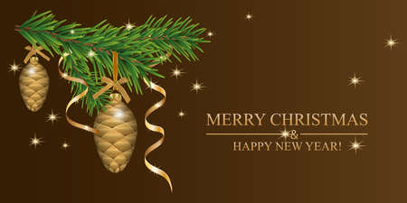 Christmas background with fir branches, baubles cones and golden ribbons. Brown Xmas banner or poster. New year decoration. Vector illustration.のイラスト素材