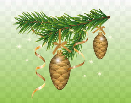Christmas decoration with fir branches, baubles cones and golden ribbons isolated on transparent background. New year elements for design. Vector illustration.のイラスト素材