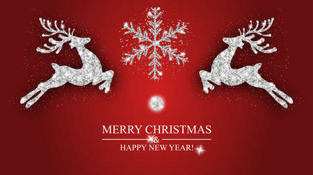Christmas pattern silver deer and snowflake. Xmas decoration with reindeer. Happy New Year red background. Template for greeting card, banner or poster. Vector illustration.のイラスト素材