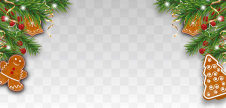 Xmas decoration of Christmas tree branches with gingerbread cookies, holly berries and golden ribbons on transparent background. Vector illustration.のイラスト素材