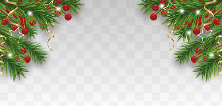 Christmas and Happy New Year border with Christmas tree branches and holly berries, golden ribbons on transparent background. Vector illustration.のイラスト素材