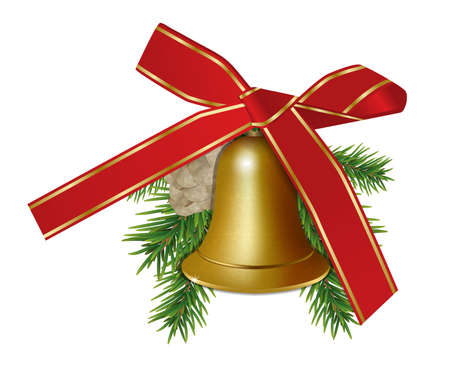 Golden bell with fir branches, cone and red bow ribbon isolated on white background. Xmas or New Year elements for design. Vector illustration.のイラスト素材