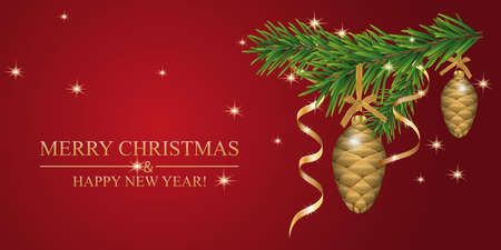 Christmas background with fir branches, baubles cones and golden ribbons. Red Xmas banner or poster. New year decoration. Vector illustration.のイラスト素材