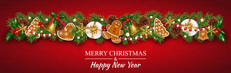Christmas border garland decorations with gingerbread cookies, fir branches, golden bells, holly berries and cones. Design element for Xmas or New Year on red background. Vector illustration.の写真素材