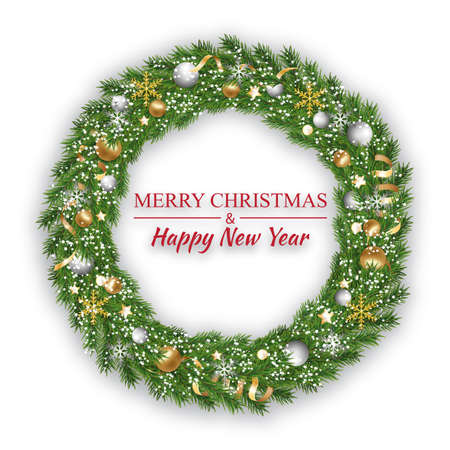 New year and Christmas wreath. Traditional winter garland with snowflakes, ribbons, golden and silver baubles on Christmas tree branches isolated on white background. Happy Xmas decoration. Vectorの写真素材