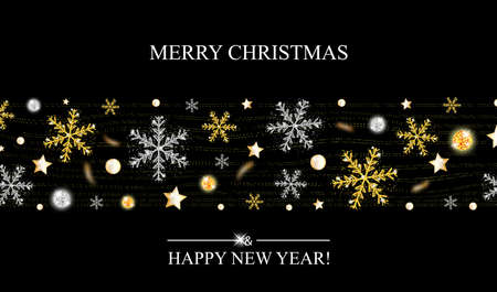 Christmas border, happy New year. Strips gold and silver snowflakes, stars and bright balls. Xmas decoration on black background. Vector illustration.の写真素材