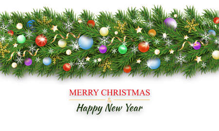 Christmas border decoration and happy New Year garland on white background. Christmas tree branches decorated colorful baubles and balls, snowflake, ribbons and stars. Xmas background. Vectorの写真素材