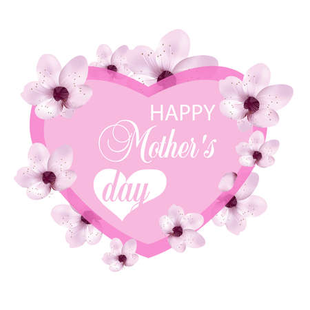 Heart with cherry flowers for Mothers day isolated on white background. Design for posters, banners or cards. Vector illustration.のイラスト素材
