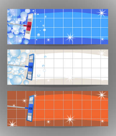 Set banners mop cleaning clean tile floor shiny. Vector illustration.のイラスト素材
