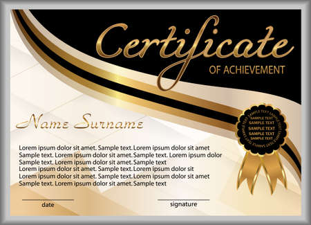 Certificate of achievement, diploma. Reward. Winning the competition. Award winner. Gold and black decorative elements. Vector illustration.のイラスト素材