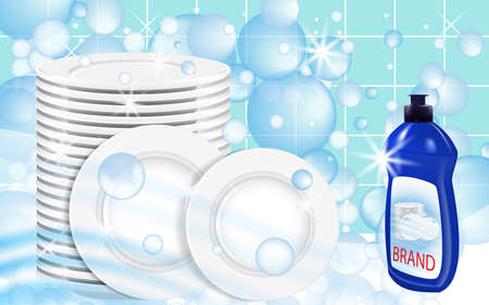 Dishwashing liquid products with plates stack. Bottle label design. Dish wash advertisement poster layout. Vector illustration.のイラスト素材