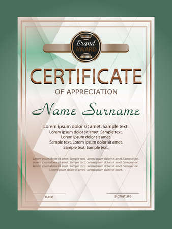 Vertical certificate achievement or diploma template with green geometric modern background. Vector illustration.のイラスト素材