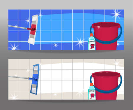 Set banners mop cleaning clean floor shiny and bucket. Disinfectant cleaner for washing floors. Vector illustration.のイラスト素材