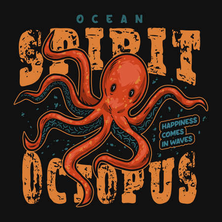 Nautical and marine labels with octopus isolated vector illustration. Emblem for t-shirts.のイラスト素材