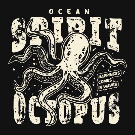 Nautical and marine labels with octopus in monochrome style with inscriptions. Isolated on black background emblem for t-shirts. Vector illustrationのイラスト素材