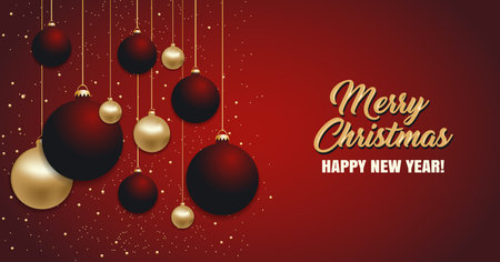 Christmas background with Christmas golden and red balls. Happy New Year decoration bables. Elegant Xmas banner or poster. Vector illustration.のイラスト素材