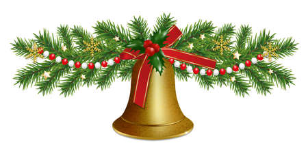 Christmas bells golden. Happy New Year border with garland Christmas tree branches and holly berries, beads. Vector illustration.のイラスト素材