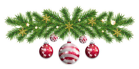 Christmas garland decoration with balls. Happy New Year border with Christmas tree branches and red baubles. Vector illustration.のイラスト素材
