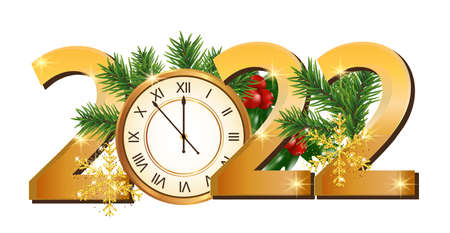 Happy New Year 2022. Numbers with golden clock, branches Christmas tree isolated on white background. Vector illustration.のイラスト素材