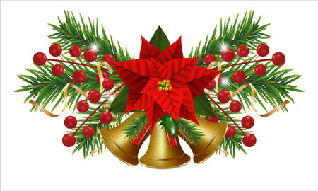 Christmas bells golden with Christmas flowers poinsettia. Happy New Year border with garland Christmas tree branches and holly berries, gold ribbons. Vector illustration.のイラスト素材