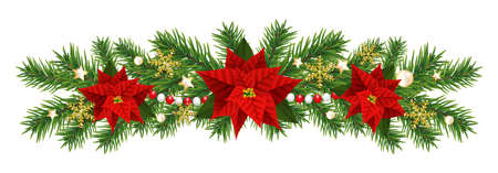 Christmas border decorations garland with fir branches, golden snowflakes, Christmas flowers poinsettia and beads. Design element for Xmas or New Year on white background. Vector illustration.のイラスト素材