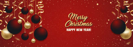 Christmas red background with Christmas balls and golden ribbons. Happy New Year decoration. Elegant Xmas banner or poster with baubles. Vector illustration.のイラスト素材