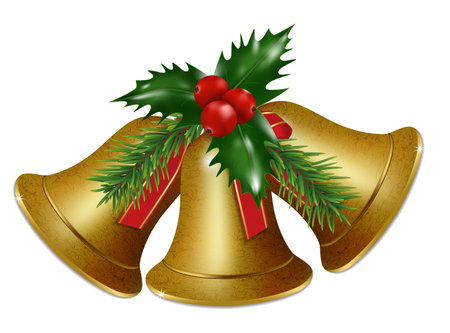 Three golden Christmas bells with holly berries isolated on a white background. Happy New Year decoration. Vector illustration.のイラスト素材