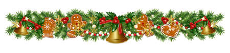 Christmas border decorations garland with fir branches, golden bells and gingerbread cookies, snowflakes holly berries and beads. Design element for Xmas or New Year on white background. Vectorの写真素材