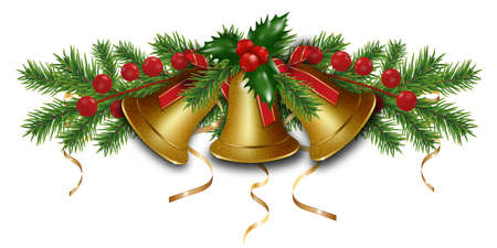 Christmas bells golden. Happy New Year border with garland Christmas tree branches and holly berries, gold ribbons. Vector illustration.のイラスト素材
