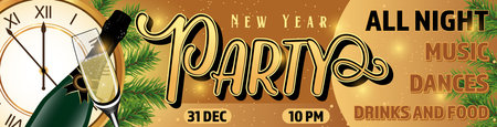 New Year and Christmas party invitation banner with golden clock, champagne bottle and wineglass. vector illustration.のイラスト素材