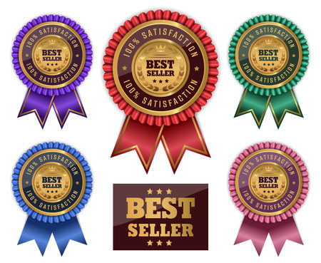 Gold best seller badge with ribbon. Collection set on white background. vector illustration.のイラスト素材