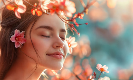 A young woman standing with flowers in her hair, showing natures beauty and her connection to the environment.の素材