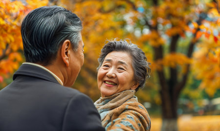 An elderly Asian couple in a park surrounded by autumn leaves, both are looking at each other with smiles.の素材