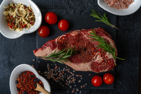 Ribeye raw piece of beef fillet on a slate board and spices for meat in spoons and heart shaped utensils. Cooking a dish. Everything for a barbecue.の写真素材