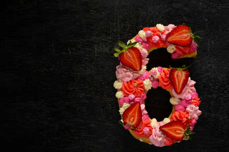 Beautiful cake in the shape of number 6. Modern trendy design. Springtime decoration. Copy space....