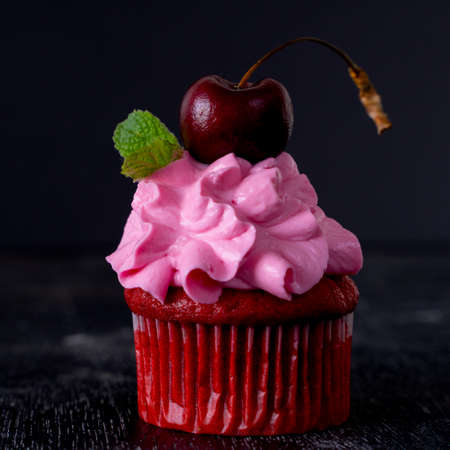 Cupcakes red velvet with pink cream decorated with cherry and menthol on the wire rack on white background . Dessert preparation. Copy space. Delicious delicacy. Muffin with cream. Cake. low keyの写真素材