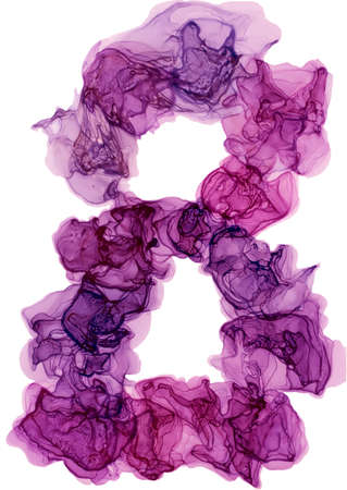 Eight blue art hand written numerals isolated on white background. Shape number 8. Rich bright abstract picture. Luxury abstract fluid art painting alcohol ink. 8th pink, lilac, purple gold sparkles.の写真素材